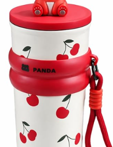 Stainless Steel Panda Water Bottle for Women & Girls (700ml) – Cute Cherry Print, Leakproof, Portable & Reusable Sipper for School, College, Office, Gym & Travel (Red)