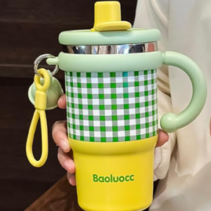 Spooky Stainless Steel Tumbler with Straw – 600ML Capacity, Insulated for 6-12 Hours – Portable, Vacuum-Sealed with Handle & Carrying Rope, Perfect for Travel & Office - Green & Yellow Contrast